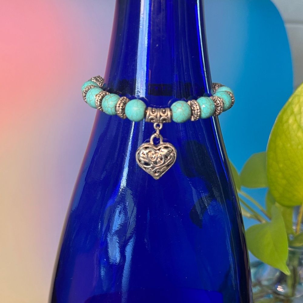 Turquoise Beaded Bracelet with Heart Charm